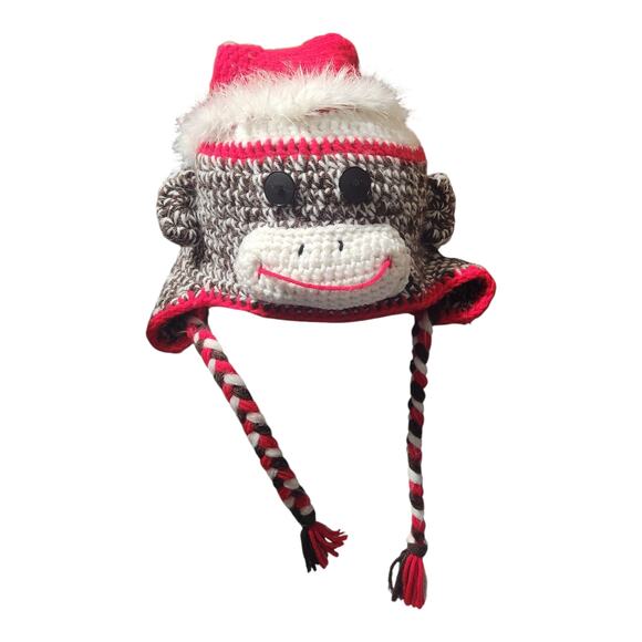 Sock Monkey Beanie Hat Braids Ear Flaps Santa Hat Crocket - Picture 1 of 6